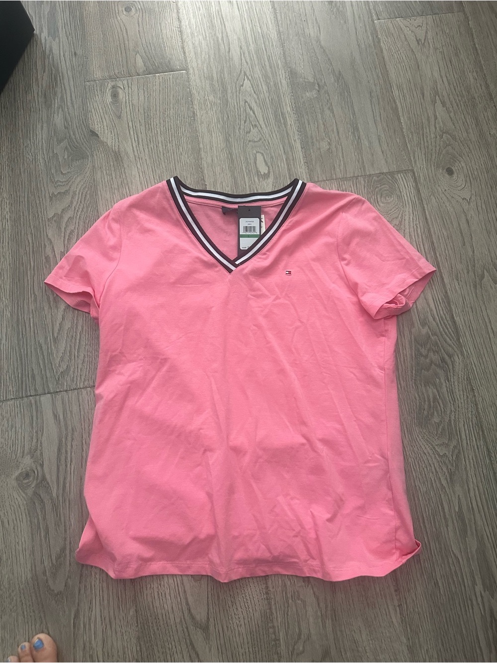 Tommy Hilfiger Pink V-Neck Tee with Contrast Stripe